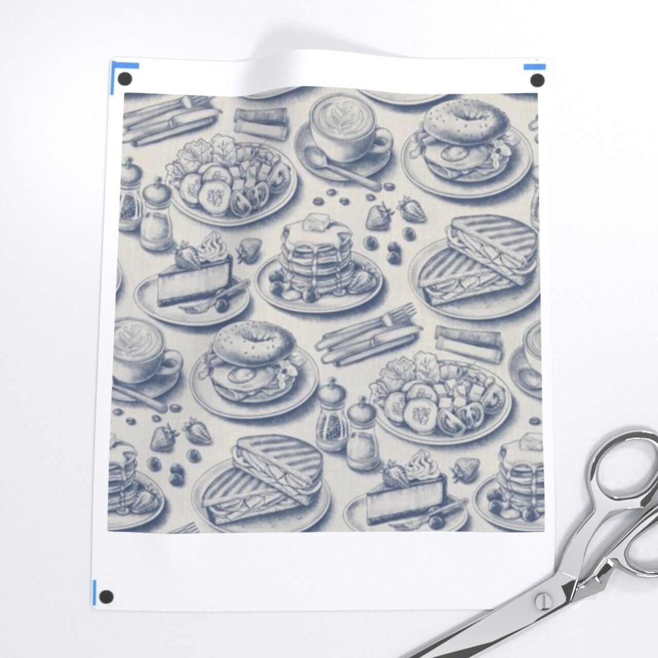 Comfort Food Pie Pancakes Coffee Diner Bagel Sandwich Toile Blue Gray Custom Printed Fabric by Spoonflower Various Fabrics by the Yard or Fat Quarter